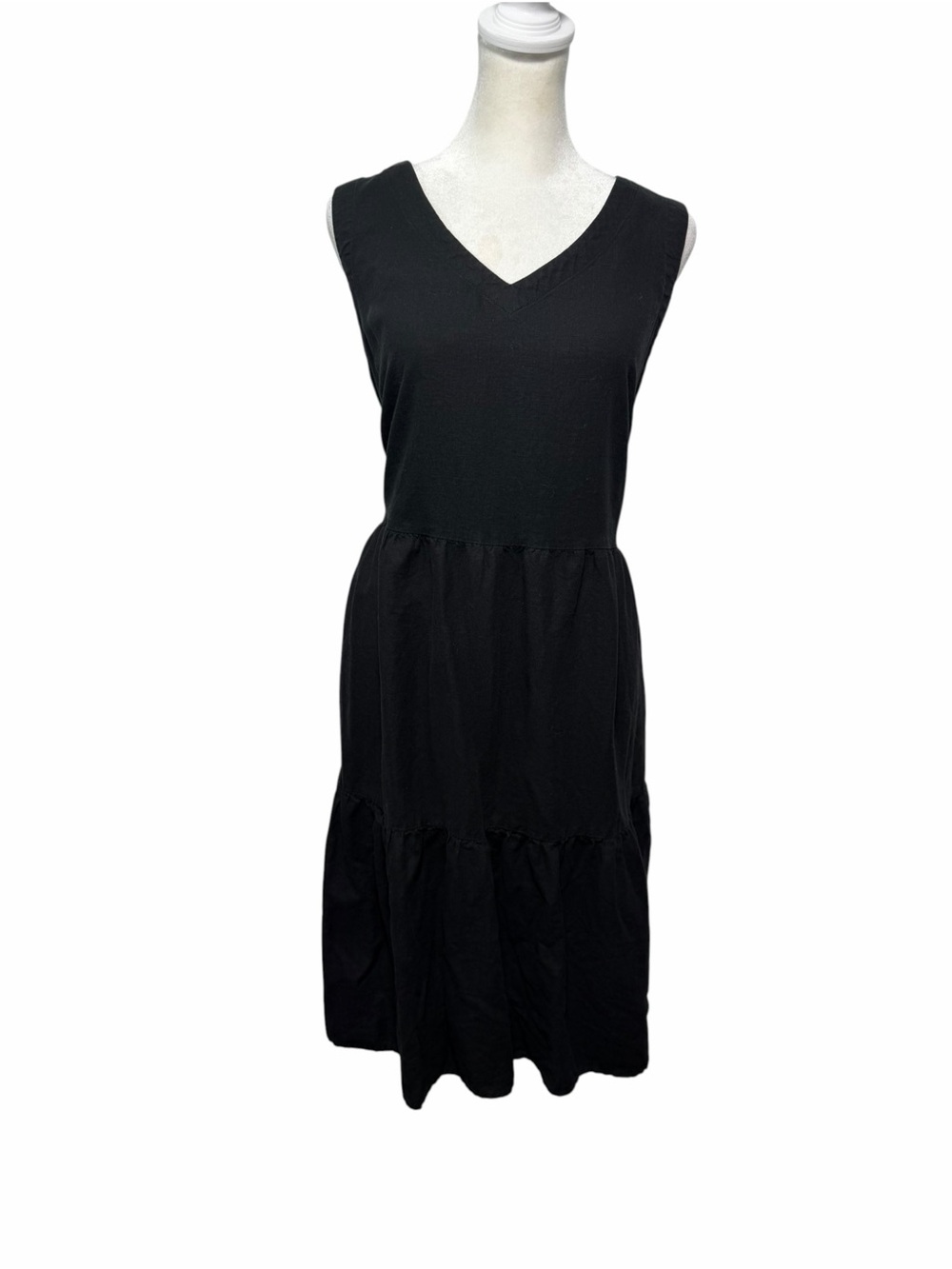 Matty M Black Linen Blend V-Neck Tiered Midi Dress XL Sleeveless Casual